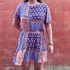 Pink, Blue Patchwork Pattern Dress